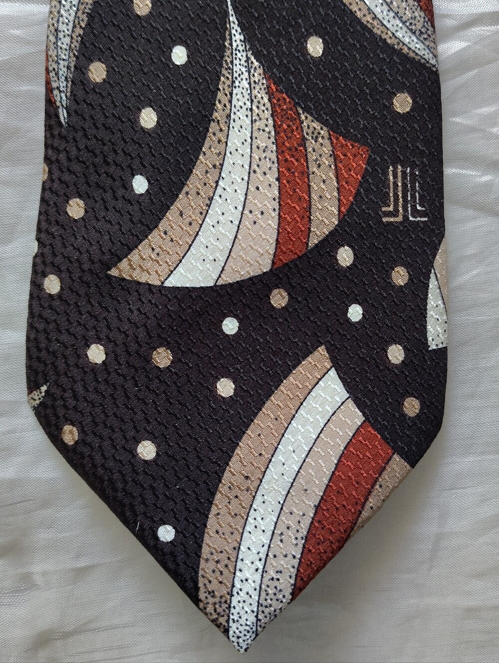 Vintage LANVIN Silk Tie Brown Art Deco Geometric Arches Polka Dot France